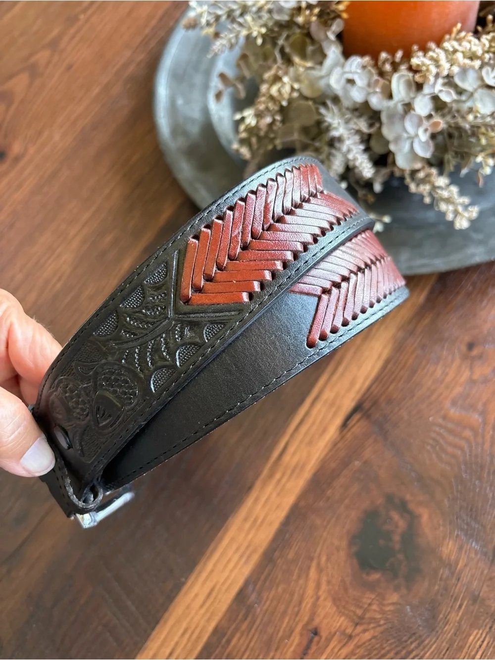 Western Hand Tooled Leather Rodeo Black/Brown Leather Belt, Cowboy, Unisex 34